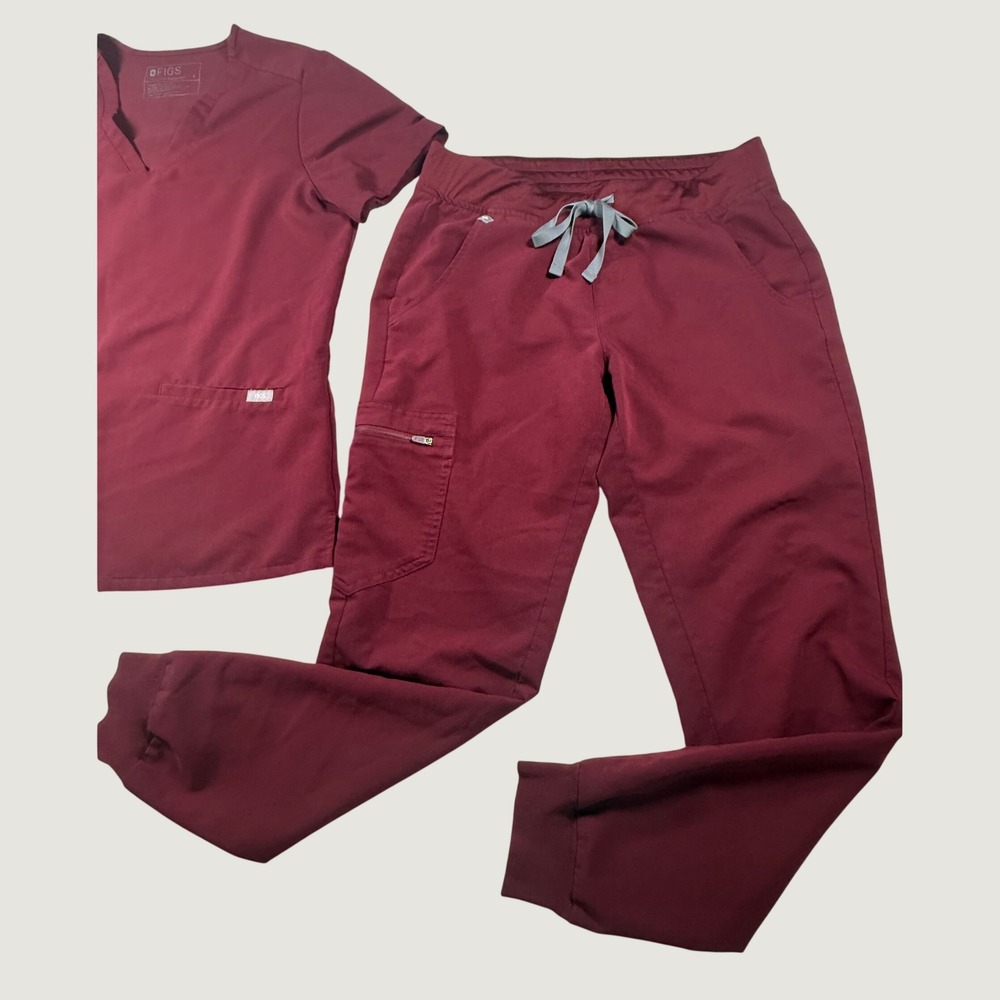 Figs Technical Collection Scrub Set Maroon Burgundy V-Neck Top Jogger Pants S